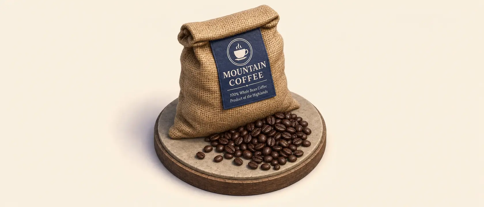 Mountain Coffee burlap bag with beans spilling out