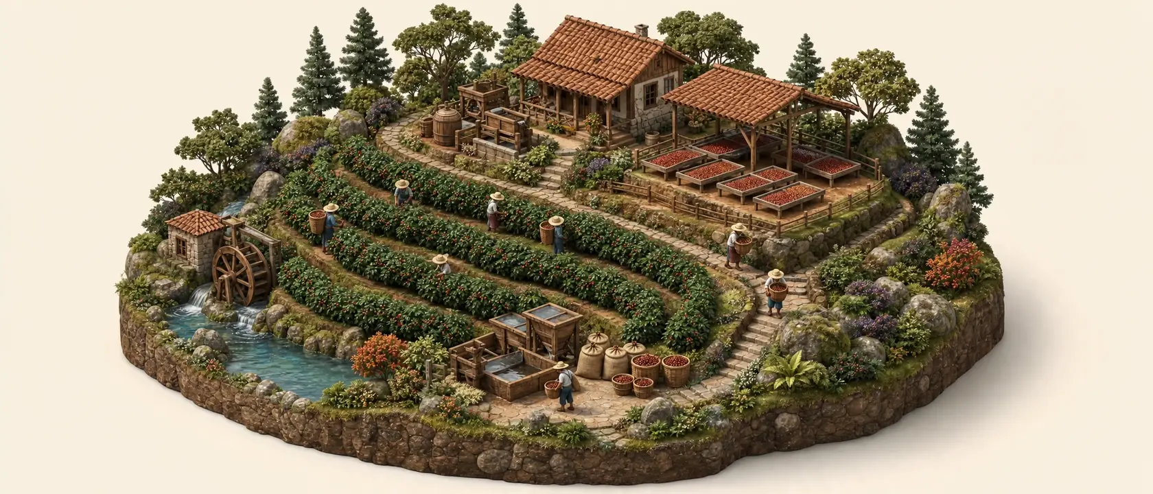 Terraced mountain coffee plantation diorama
