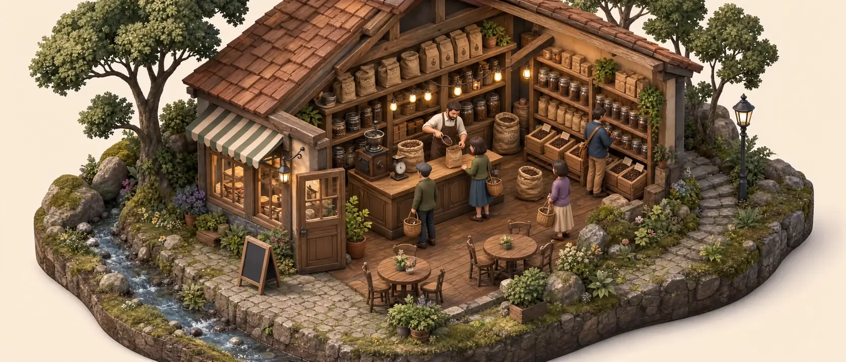 Cutaway coffee shop interior with shopkeeper and customers